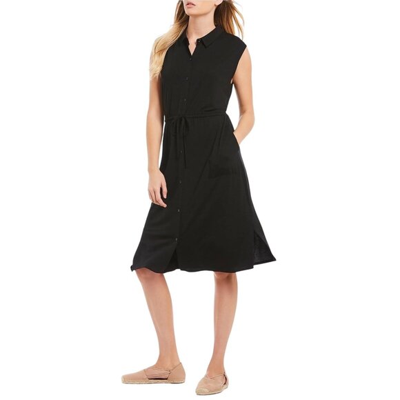 Eileen Fisher Sleeveless Button Down Jersey Dress Black Size L Minimalist Preppy - Picture 1 of 15